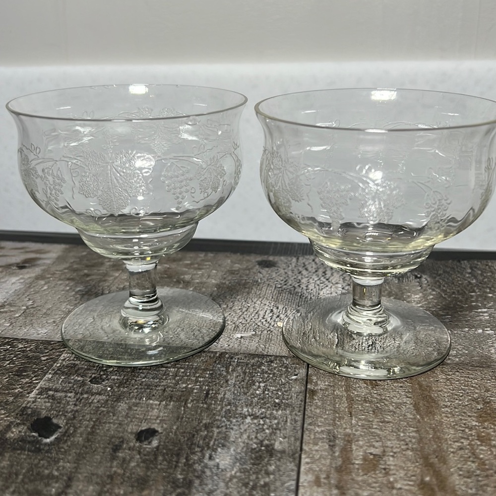 Vintage Crystal Dessert Pedestal Dishes Hand Etched Grape Vine Design